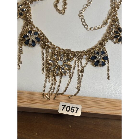 Gold Floral Statement fringe Necklace With Blue & Clear Gem Accents Dangle Chai - Picture 12 of 12